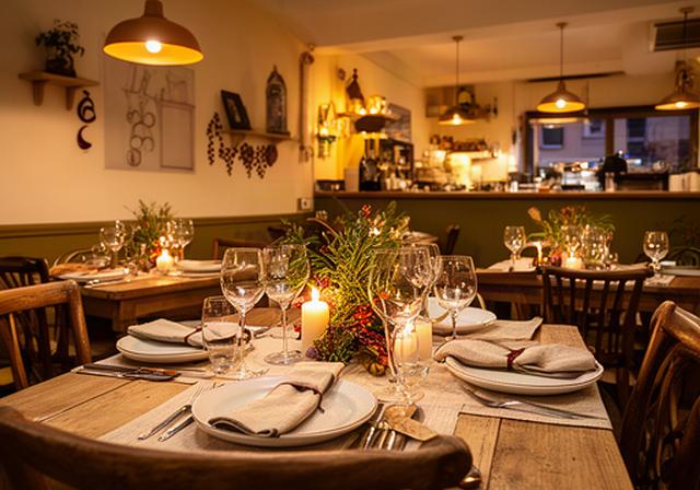 Sala accogliente di un'osteria ad Albano Laziale preparata per una serata a tema