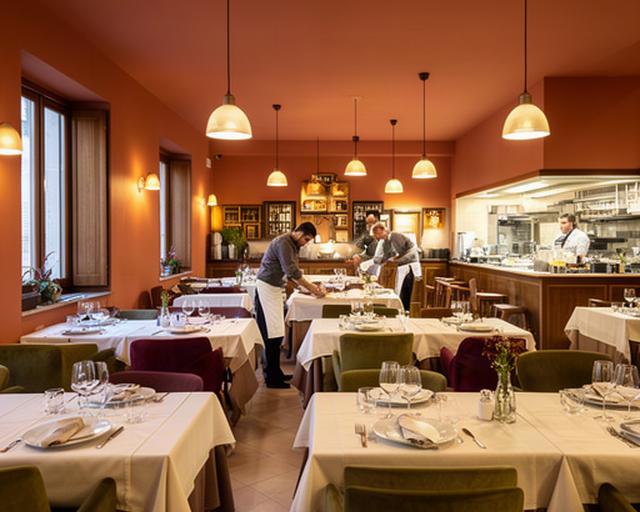 Sala di un ristorante dei Castelli Romani durante la preparazione del servizio serale