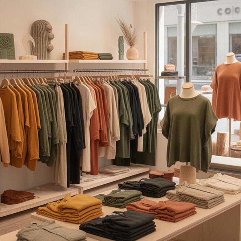 Negozio indipendente ordinato con esposizione di abbigliamento locale e illuminazione calda