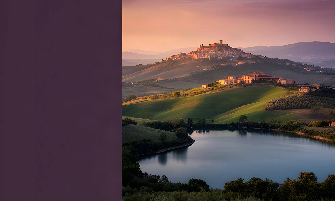 Panorama dei Castelli Romani con lago, colline e borgo al tramonto