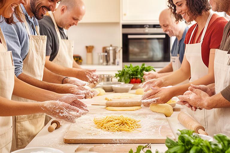 Partecipanti a un corso di cucina romana mentre preparano pasta fresca in una cucina luminosa