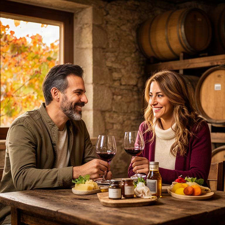 Coppia in degustazione in una cantina dei Castelli Romani durante una giornata autunnale
