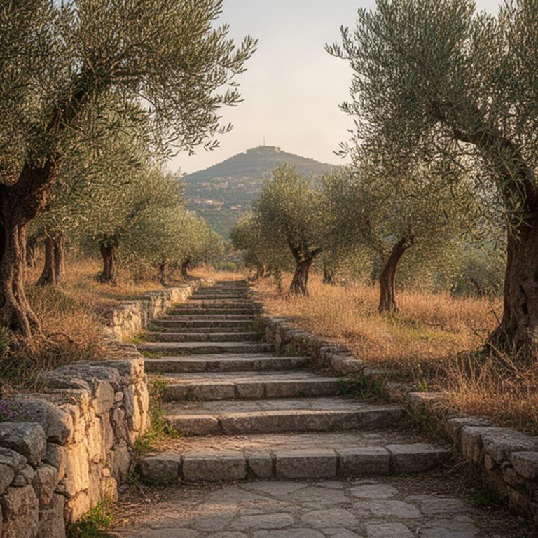 Scala in pietra che sale tra ulivi dei Castelli Romani, metafora della crescita di una piccola impresa
