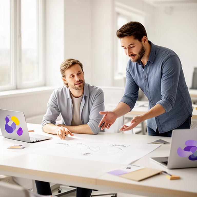 Due soci di una software house discutono un piano di abbonamenti in un ufficio luminoso a Velletri