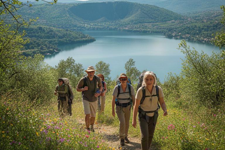 Escursionisti su un sentiero panoramico sopra il lago di Nemi in primavera